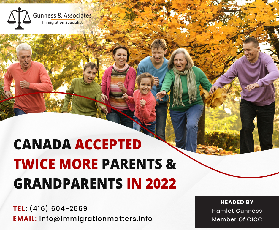 Last year, the number of family members reunited with their loved ones in Canada through the Parents and Grandparents Program (PGP) skyrocketed - more than doubling its previous record set before the COVID-19 pandemic. According to the newest records from Immigration, Refugees and Citizenship Canada (IRCC), an impressive 27,195 new permanent residents arrived in Canada through the PGP last year or 11,740 more than in 2021, a 131.6% rise. The PGP, which relies upon Canadian relatives sponsoring the parents and grandparents of immigrants, has been gradually rebuilding its numbers following the massive reduction in immigration due to public health protocols and travel restrictions. The number of new arrivals under the PGP similarly dropped as overall immigration did, from 341,175 new permanent residents in 2019, the full year before the pandemic, to only 184,595 newcomers in 2020. In comparison to 2019, when the PGP welcomed 22,010 new permanent residents, the program only saw 10,455, or a 52.5% decrease, in the first year of the pandemic. The following year, with a then-record-breaking 406,040 new permanent residents, overall immigration roared back to life. However, despite that year's significant increase in immigration, the number of new arrivals under the PGP only increased by a modest 12.3% to 11,740 new permanent residents in 2021. The number of immigrants entering Canada through the PGP at this time is approximately two times higher than it was in 2015, when 15,490 parents and grandparents may be sponsored to immigrate. There's little chance that the PGP numbers will be even higher this year given Ottawa's significantly higher immigration targets for the upcoming years. Canada plans to welcome 1.45 million immigrants within three years Ottawa's immigration levels plan for the years 2023–2025 sets a target of 465,000 new permanent residents for 2023. 2024 will see 485,000 new permanent residents enter, following 500,000 more in 2025. Overall, 1.45 million immigrants will arrive in Canada during the next three years. The PGP requires applicants to pay $1,050 to sponsor a parent or grandparent, and the process can take up to 39 months. The sponsors must provide biometrics after submitting their applications. The time it took to submit these biometrics is included in the processing time. After submitting an interest in sponsoring these relatives, a Canadian citizen or permanent resident will receive an invitation to apply (ITA) and will then need to send two applications to the PGP: the sponsorship application, and; the permanent residence application If those applications are accepted, the sponsor enters into an agreement that begins the day the sponsor becomes a Canadian permanent resident. Eligibility requirements to sponsor the parents and grandparents you can sponsor your own parents and relatives If: You are invited to apply. You are at least 18 years old. You're a Canadian Permanent resident. You are a Canadian citizen, a permanent resident of Canada, or a person who has a Canadian Indian Act registered. You have sufficient money to support the people you want to support. You meet all additional requirements specified in the Immigration and Refugee Protection Act and its regulations. Want to know more details about “Canada accepted twice more the parents and grandparents in 2022” you can contact one of our immigration specialists at Gunness & Associates. Tel: (416) 604-2669 Email: info@immigrationmatters.info Gunness & Associates has helped thousands of people successfully immigrate to Canada with their families. Our skilled and experienced immigration experts have the expertise to accurately examine your case and advise you on the best method of proceeding to best serve your needs. For honest and straightforward advice, contact the experts at Gunness & Associates. Get a free Assessment Join our newsletter and get up-to-date immigration news Click here All rights reserved ©2022 Gunness & Associate